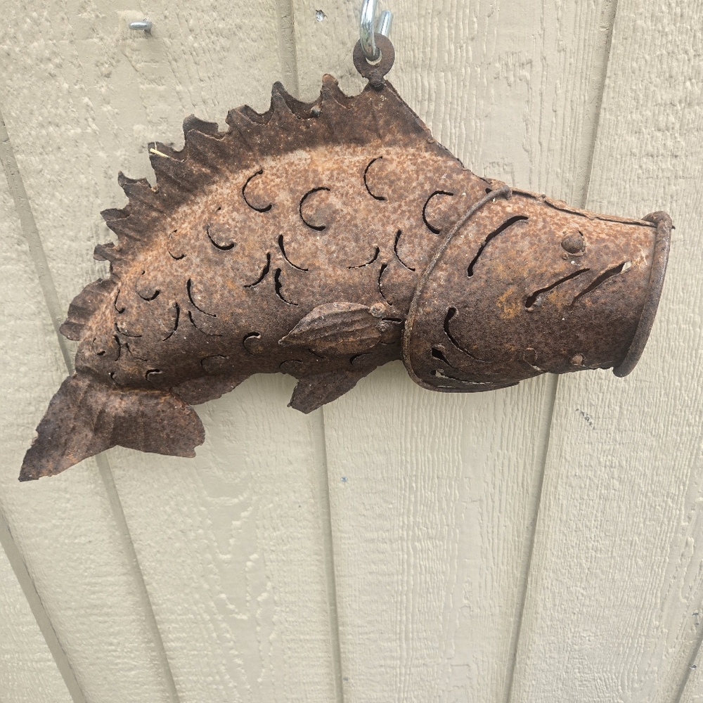 Rustic metal fish art piece metal folk art fish figurine sculpture unique bass